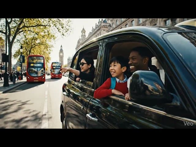 Traditional black cab driving past Big Ben and Houses of Parliament in London