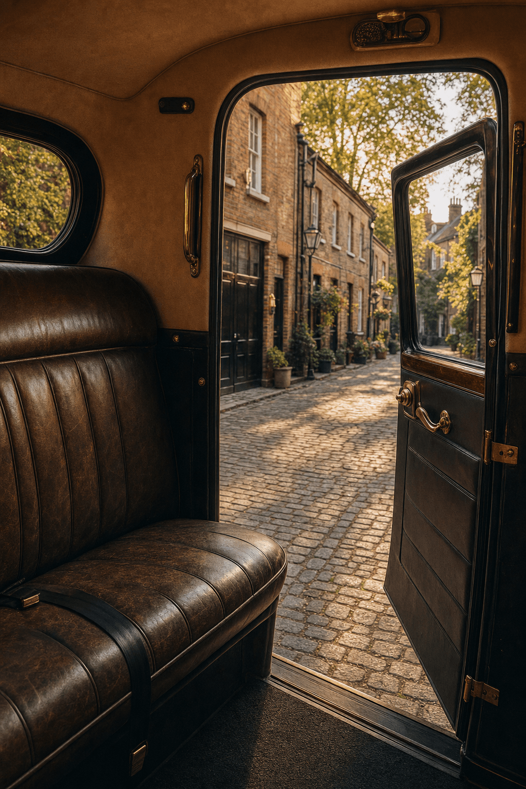 A classic London black cab interior in warm afternoon light. Rich leather seats, brass fittings catching the golden hour, and the view through an open door onto a quiet cobbled mews lined with historic brick buildings and plane trees. The scene feels intimate and inviting — the cab as a sanctuary between journeys, the city waiting just beyond. Dark artisanal tones with warm amber accents.