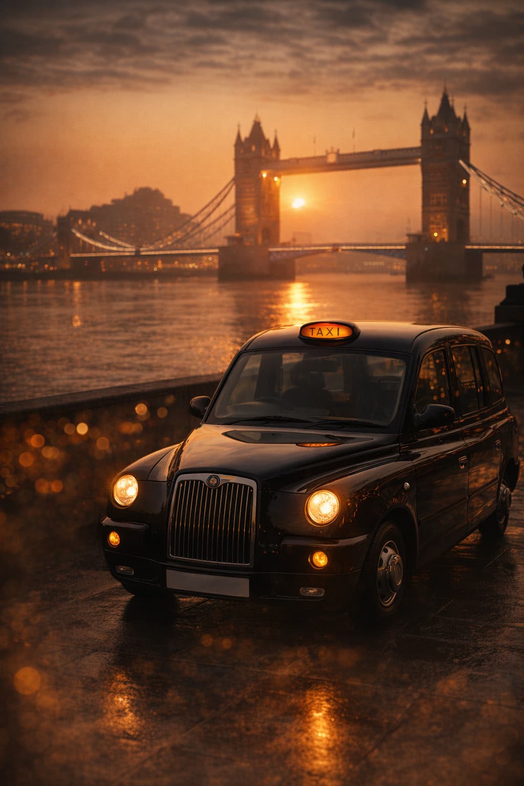 A traditional London black cab parked by the Thames at dawn with Tower Bridge glowing in the amber morning light — a cinematic, moody portrait image for Tours and Transfers.