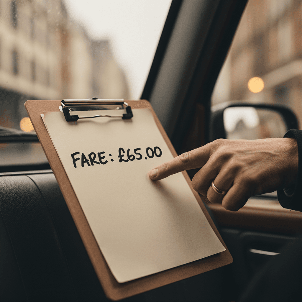 Driver showing a customer the fixed fare on a clipboard