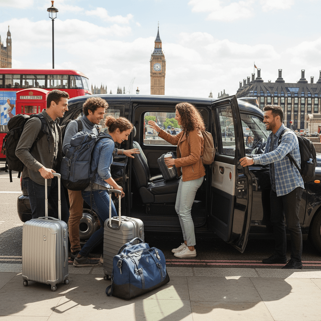 Group of six travelers with luggage boarding a black cab