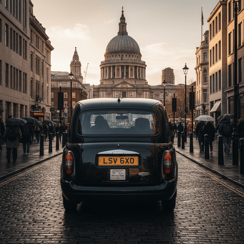 Black cab passing St Paul's Cathedral