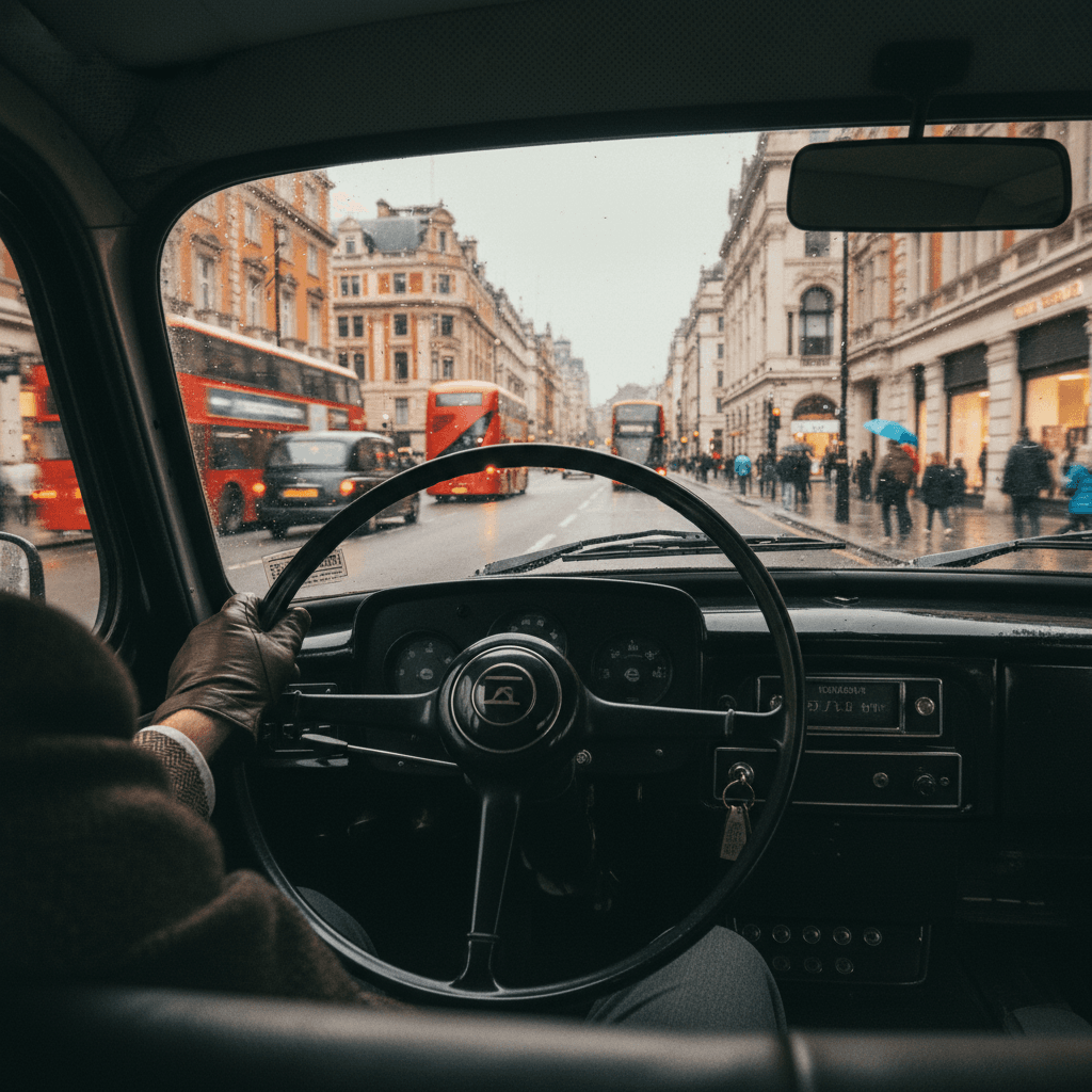 View of London street from inside a black cab