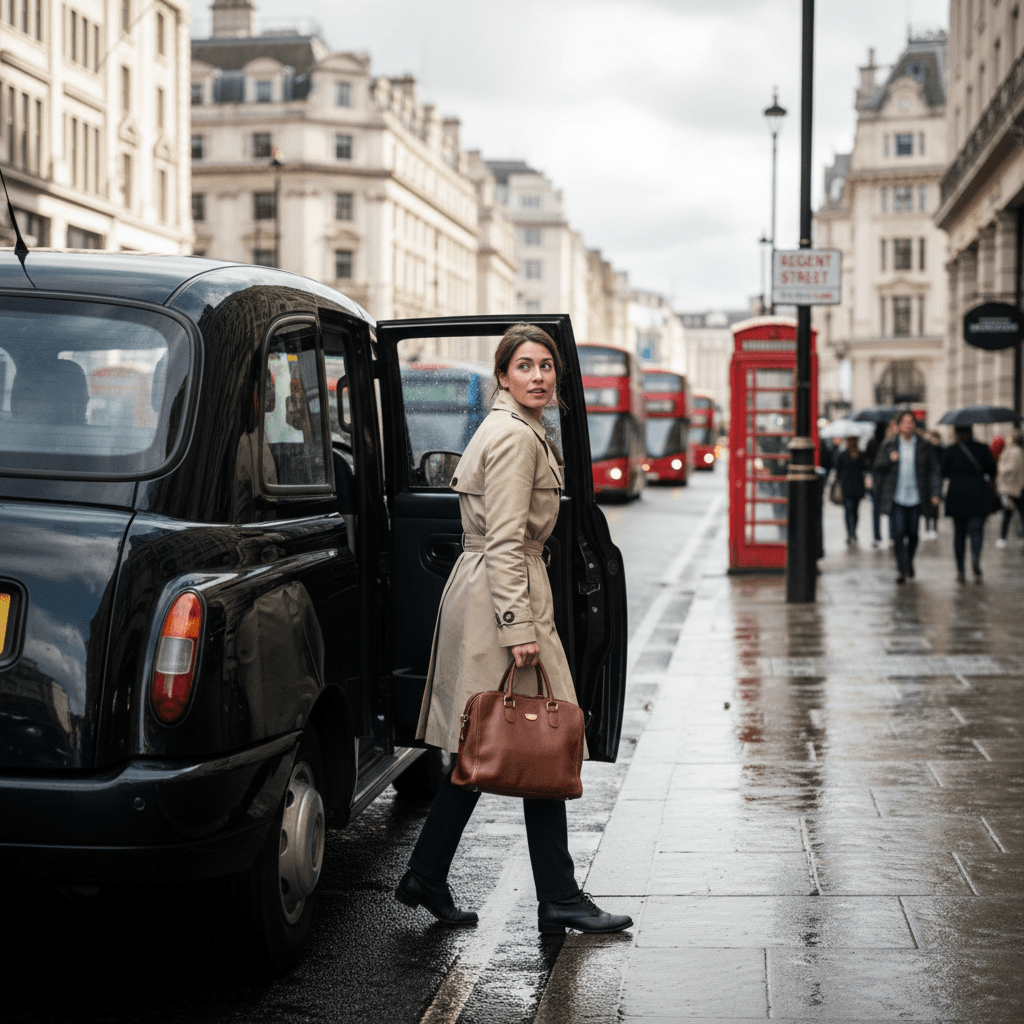 Passenger exiting a black cab in London