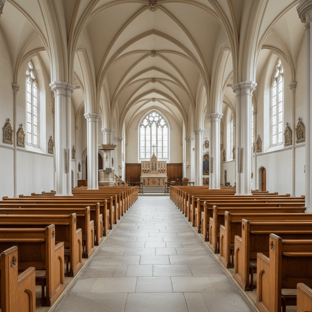 Interior nave of a Wren church with wooden pews and arched windows
