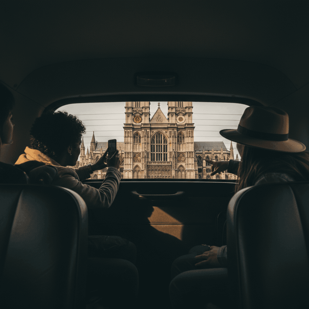 View of Westminster Abbey from inside a London black cab