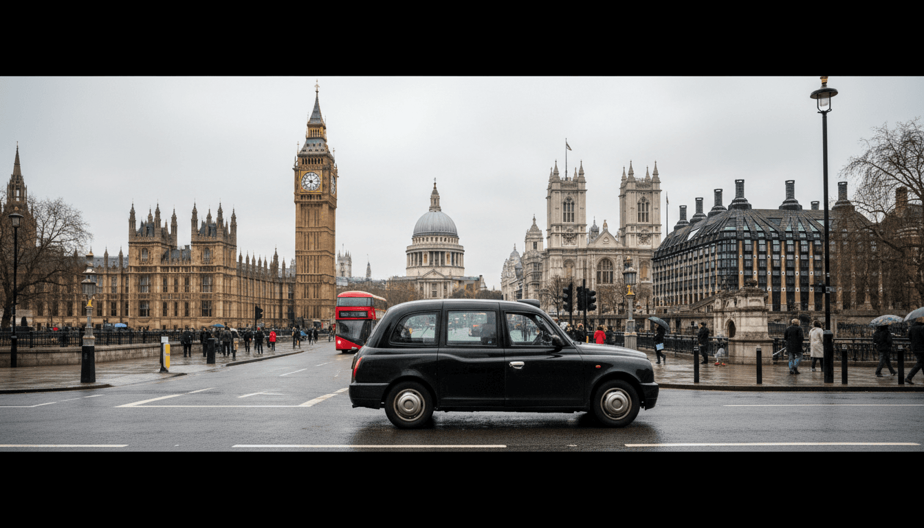 Traditional London black cab parked on a London street with historic architecture visible