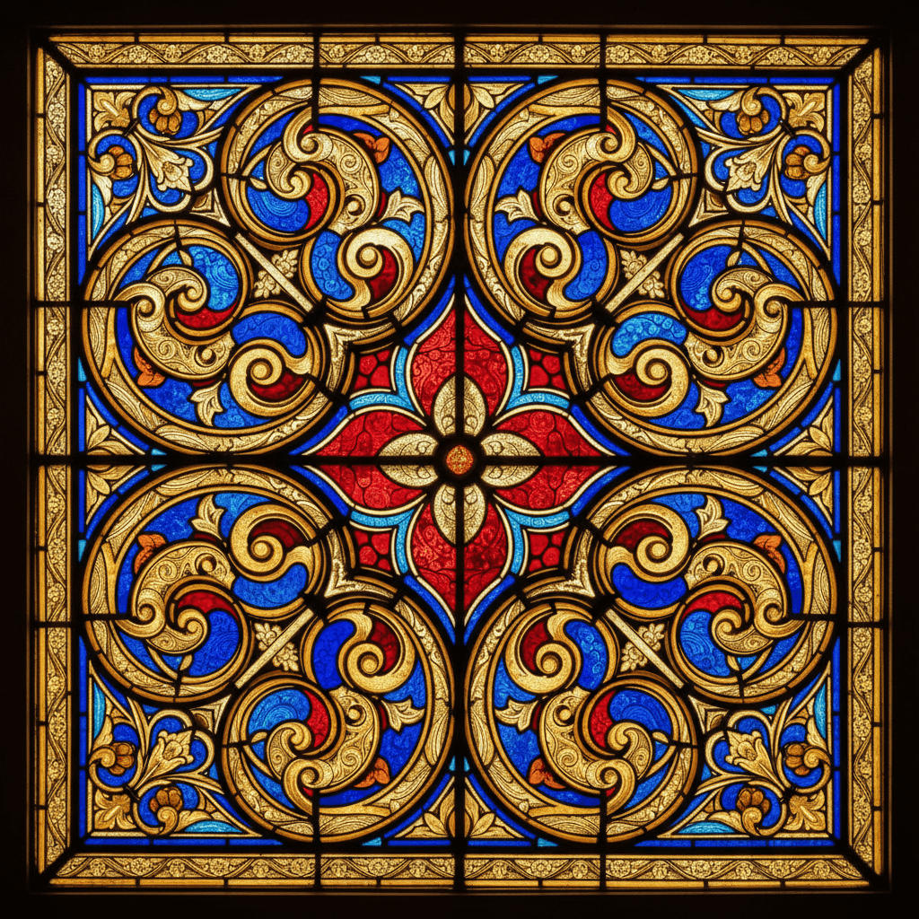 Ornate stained-glass window detail in a Wren church