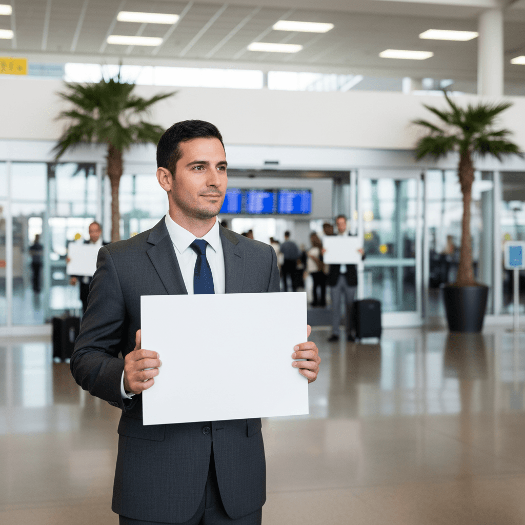 Driver holding a name board at airport arrivals