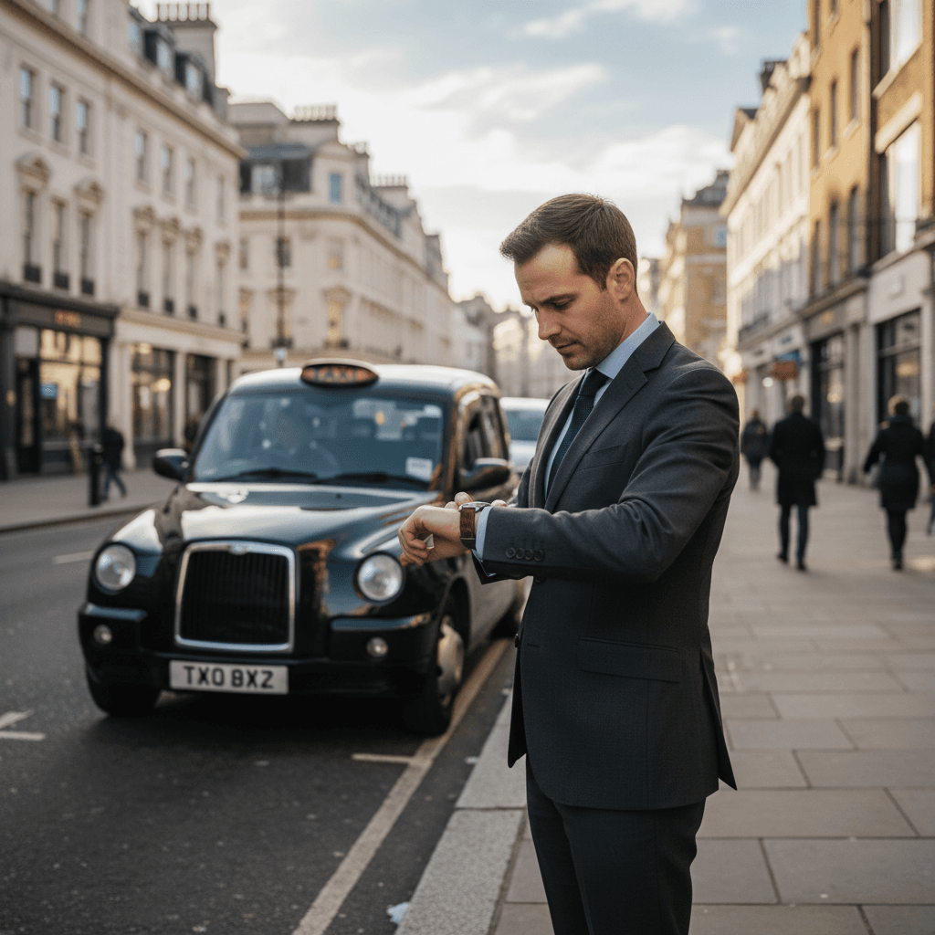 Black cab arriving for a scheduled pickup