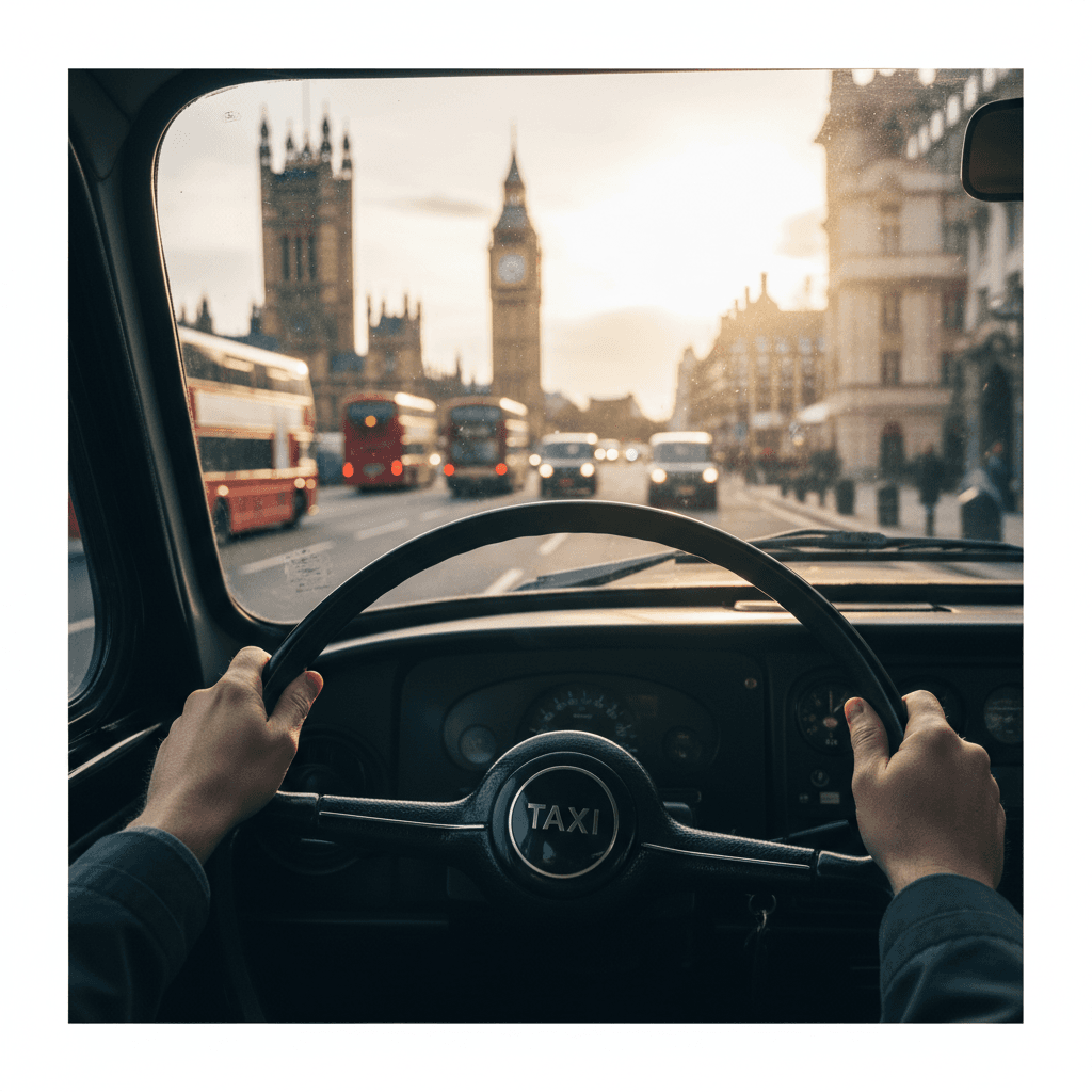 Driver's hands on a black cab steering wheel with London street ahead