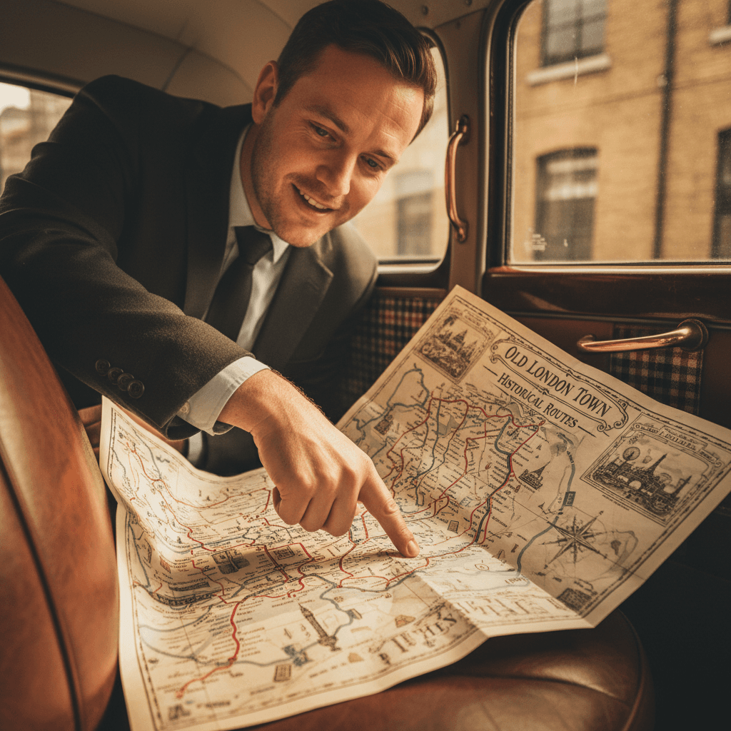 Tour guide pointing at a vintage London map in a black cab