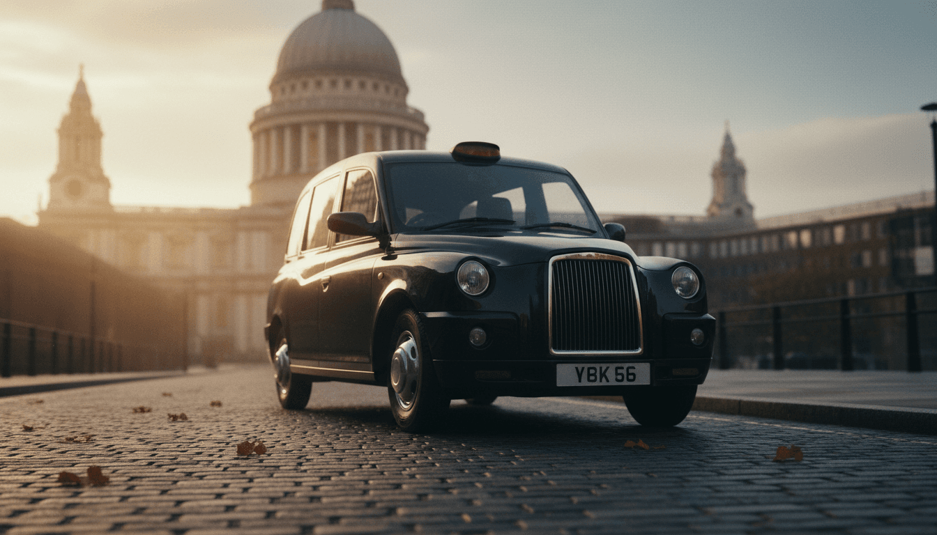 Classic London black cab parked on a cobbled street near St Paul's Cathedral