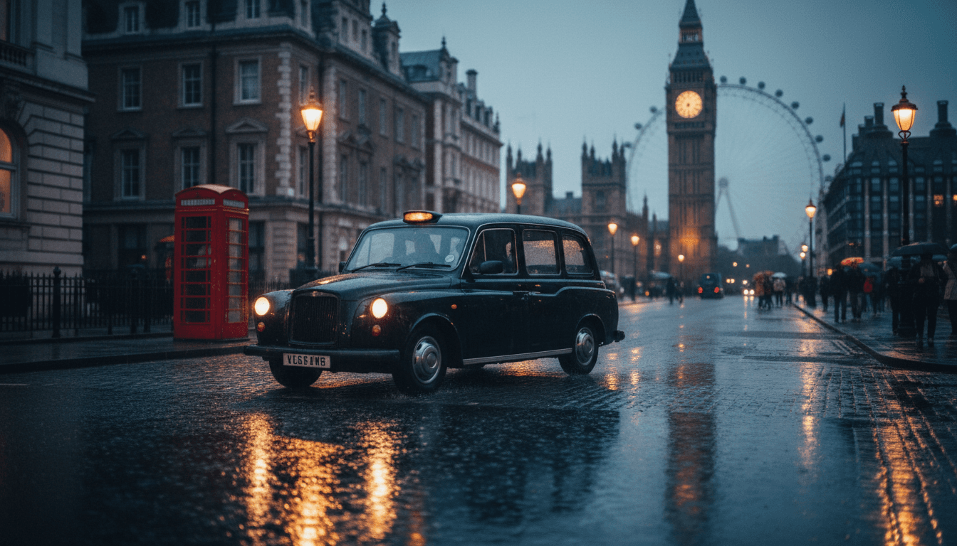 Classic London black cab driving past Big Ben at dusk
