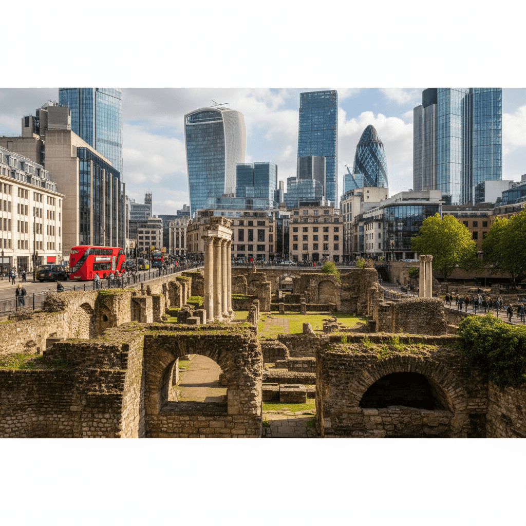 Ancient stone ruins in London contrast with modern skyscrapers like the Gherkin and Walkie Talkie.