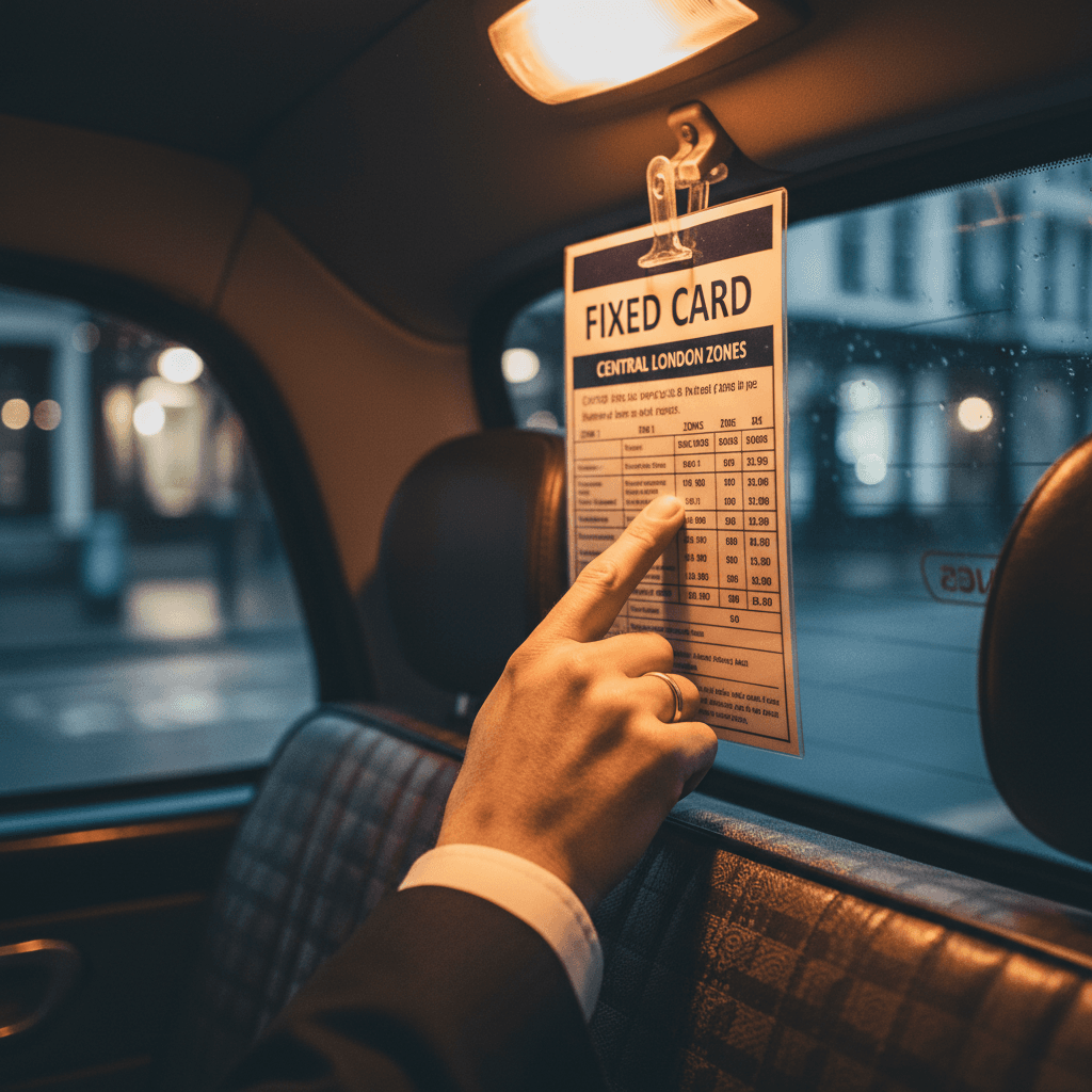Fixed fare card displayed inside a black cab