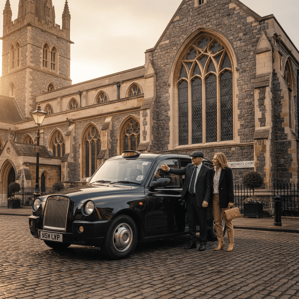 Black cab tour near a historic London church