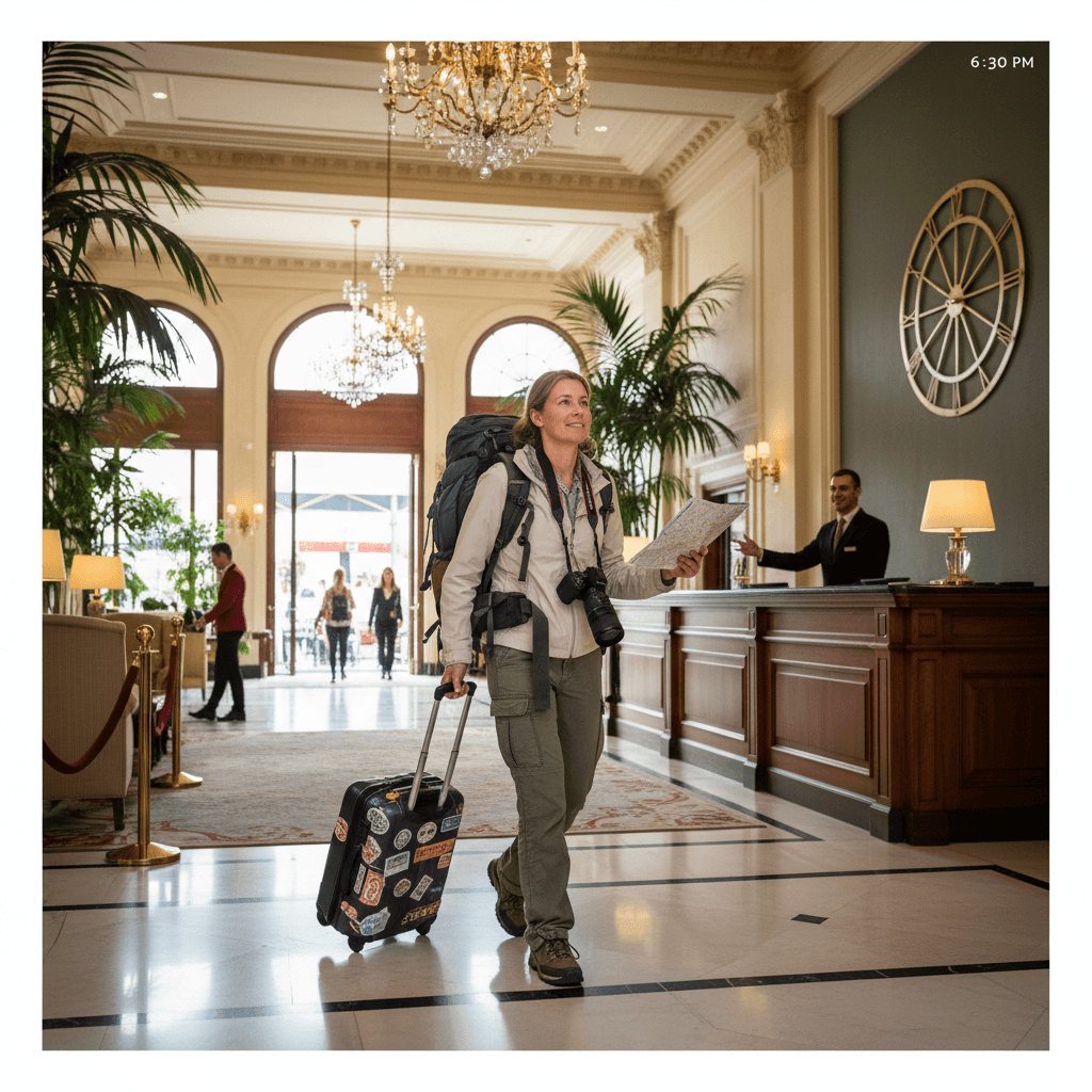 Traveler arriving at hotel after tour experience