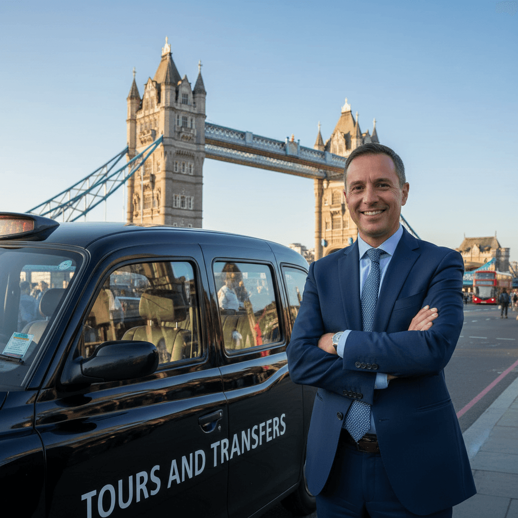 Smiling man in a suit stands beside a black London taxi near the Tower Bridge.