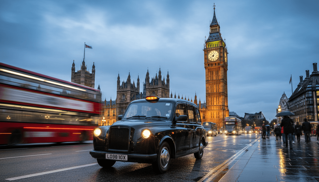 Traditional black London cab parked in front of Big Ben and the Houses of Parliament