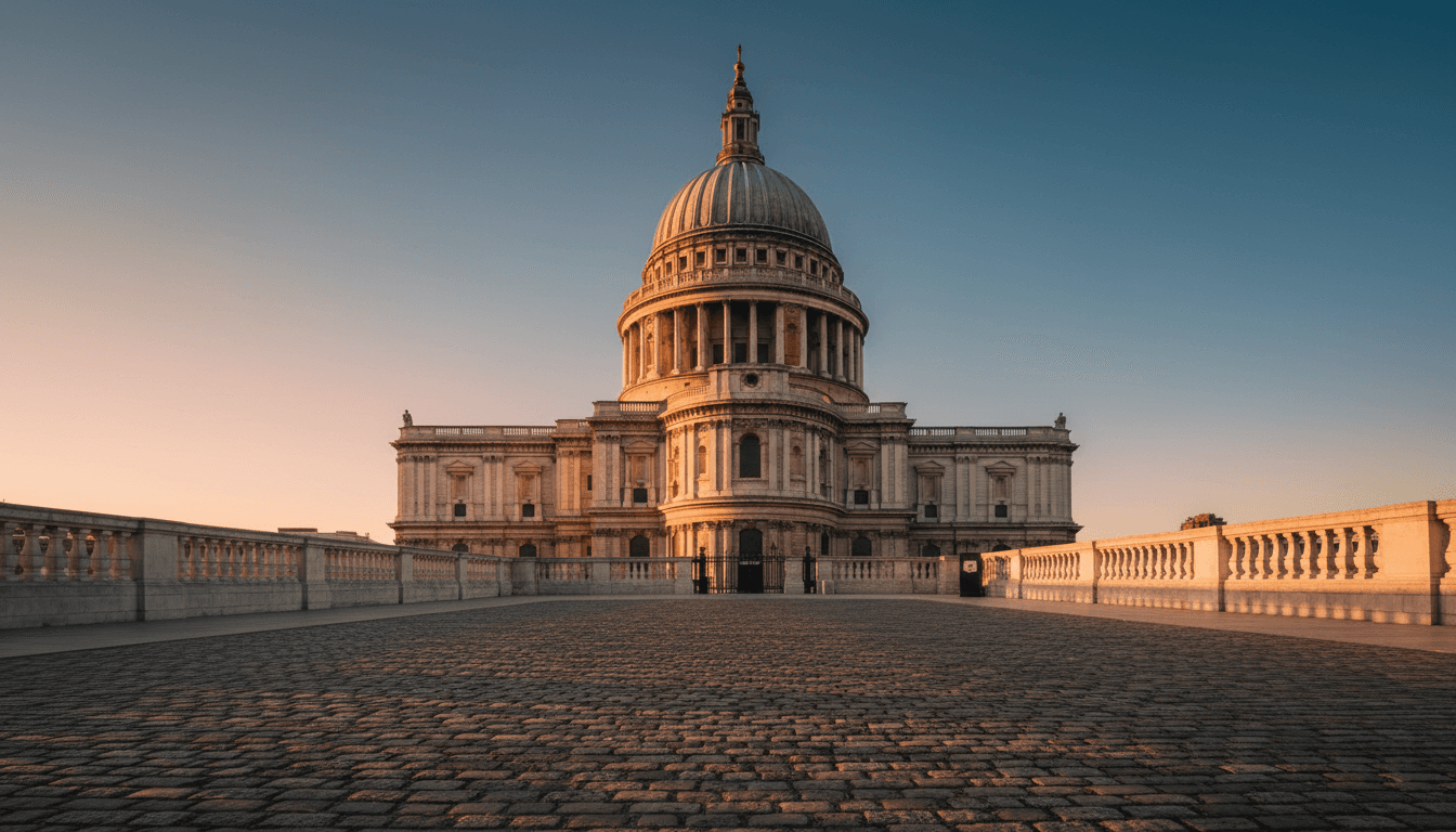 St Paul's Cathedral dome illuminated by golden hour sunlight in London