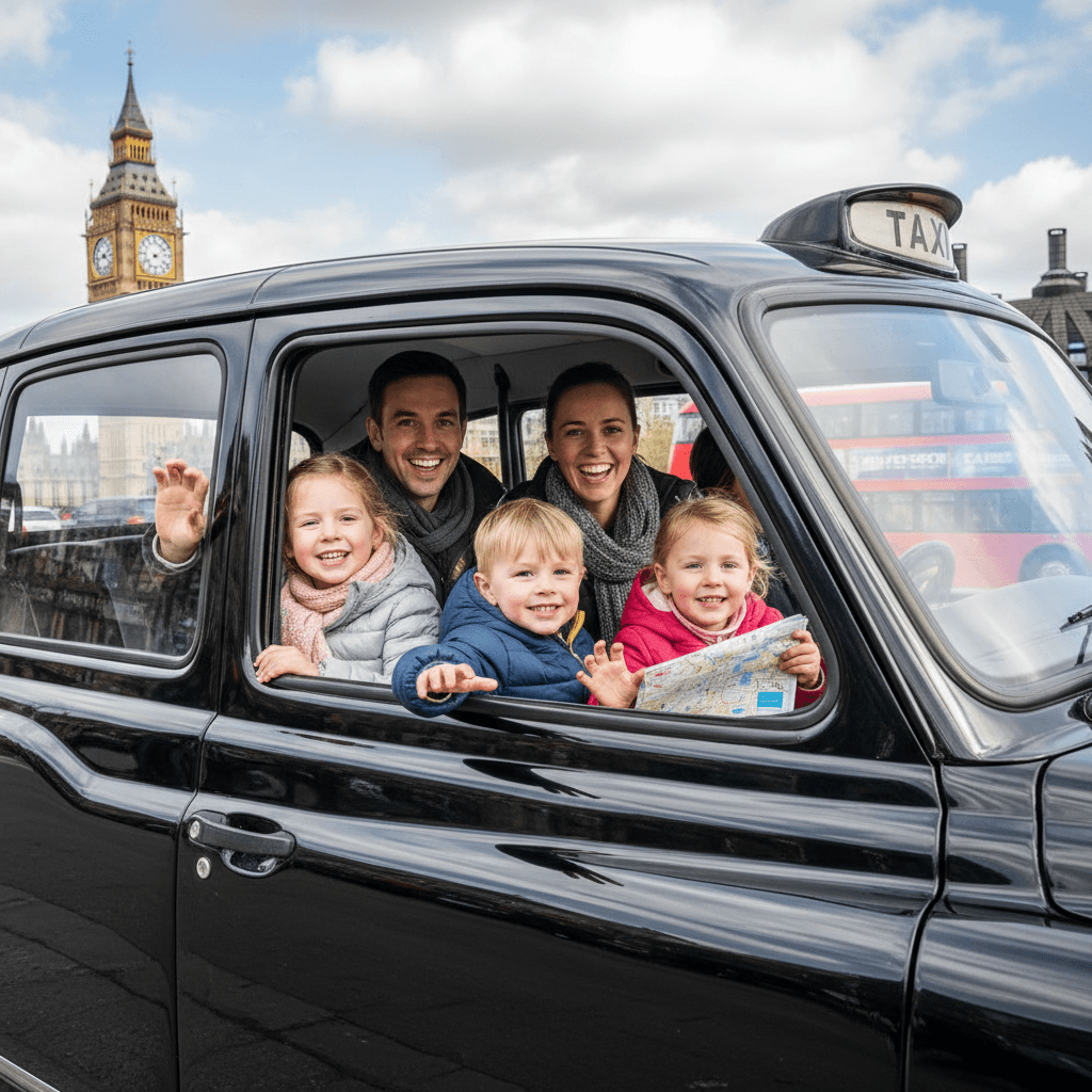 Family traveling in a black cab