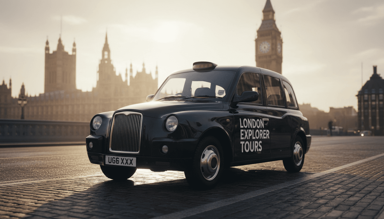 Classic London black cab parked on a cobblestone street near a historic landmark with Big Ben in the background during golden hour
