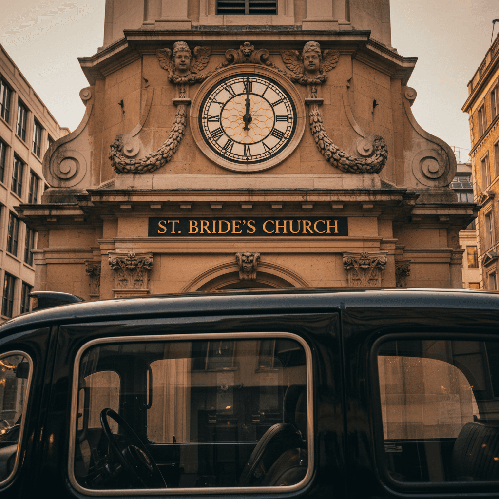 Christopher Wren church facade from black cab
