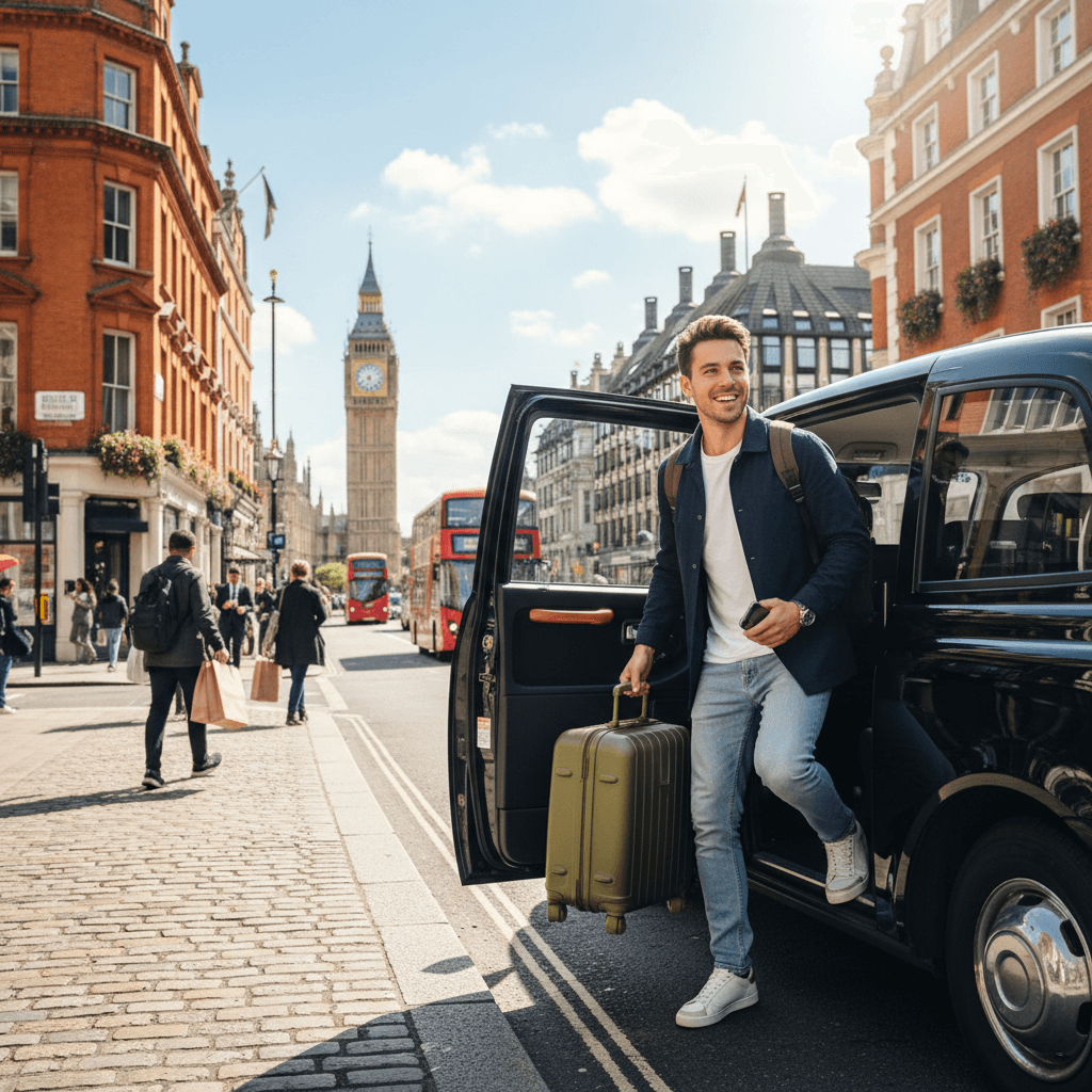Traveler stepping out of black cab to explore