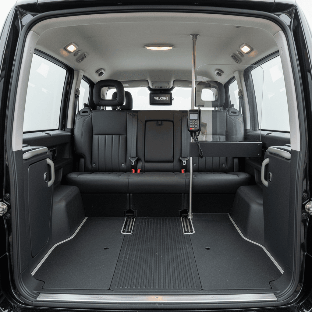 Spacious black cab interior with luggage space