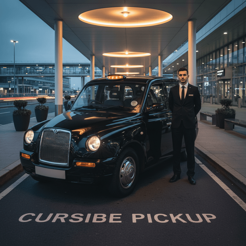 Black cab positioned at London airport pickup point, ready for arrival