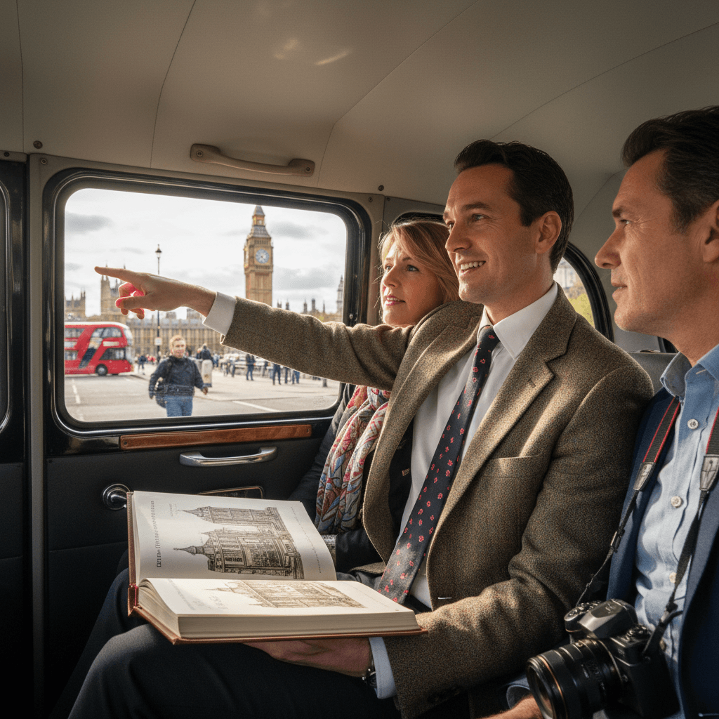 Tour guide showing landmarks to passengers in cab