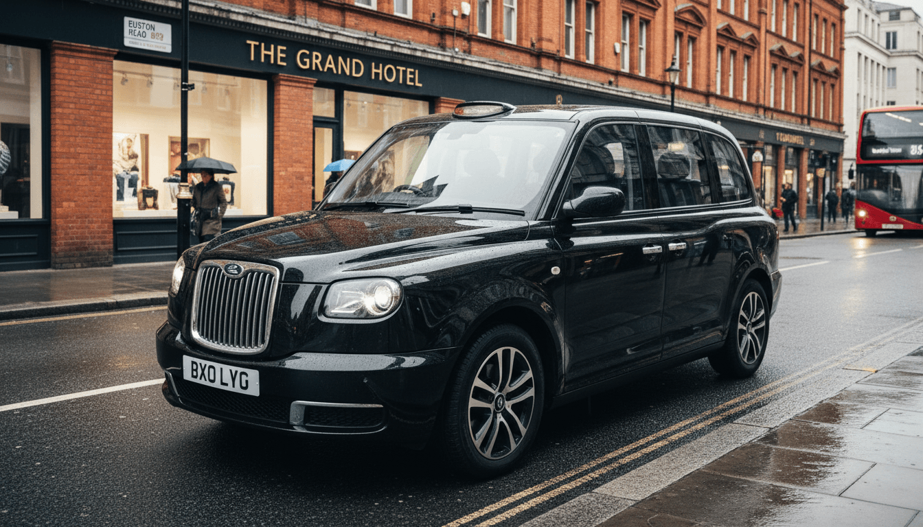 Modern electric LEVC TX black cab on a London street