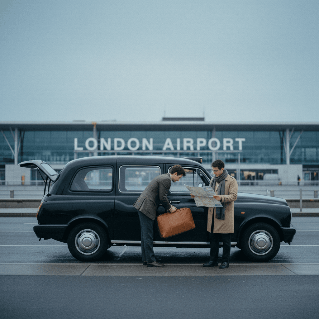 Black cab at an airport terminal with passengers loading luggage
