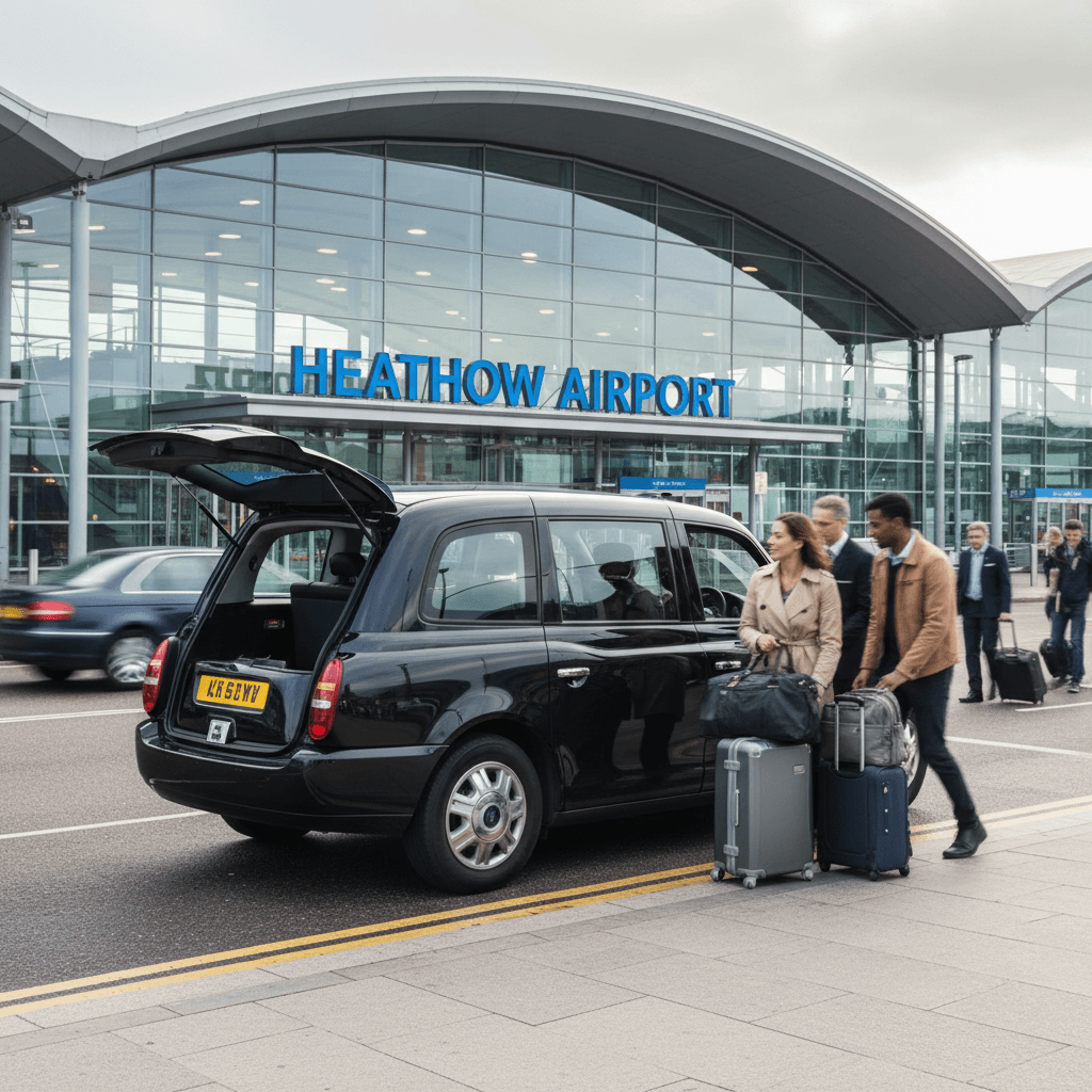 Black cab with luggage at airport terminal