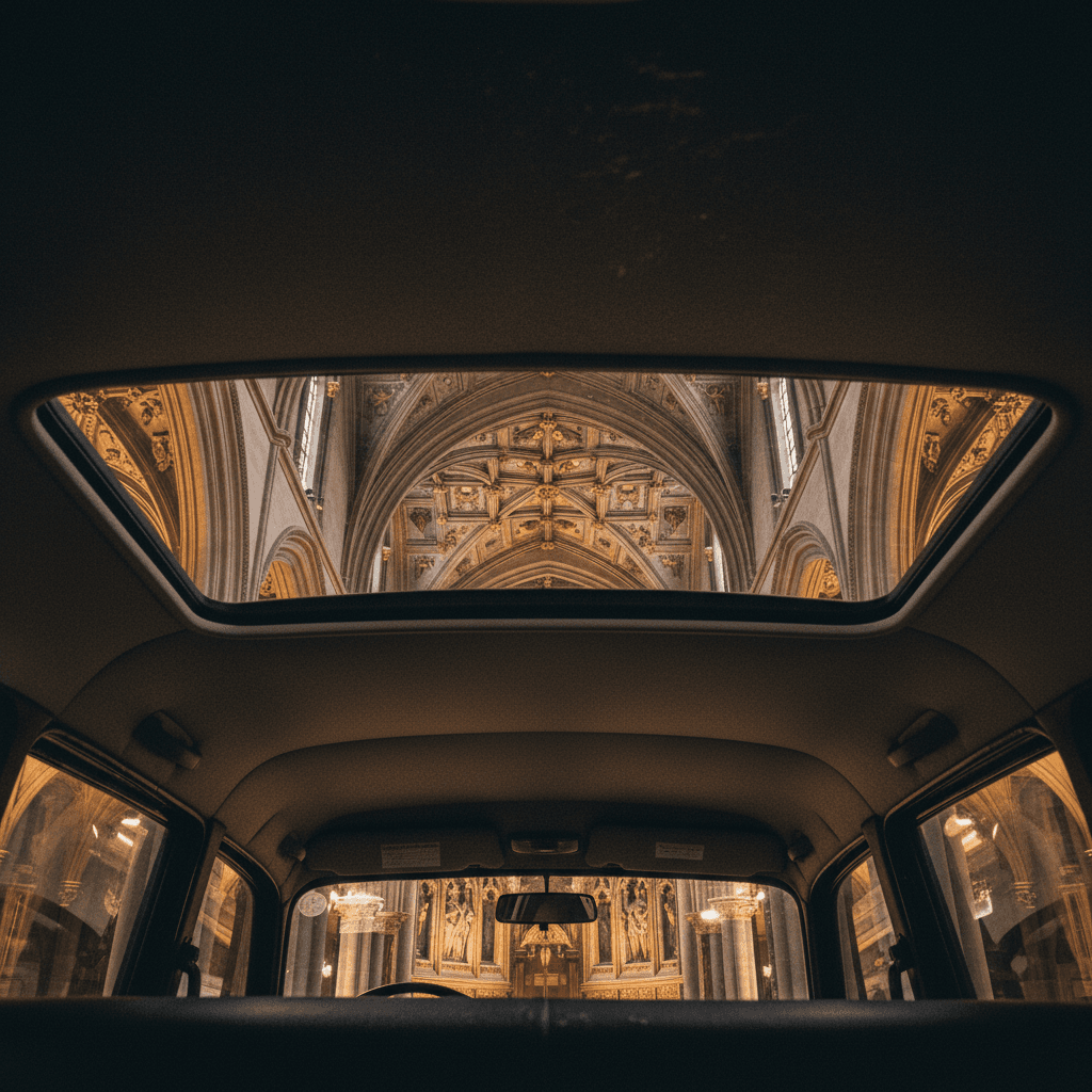 View of ornate church ceiling framed through a black cab window