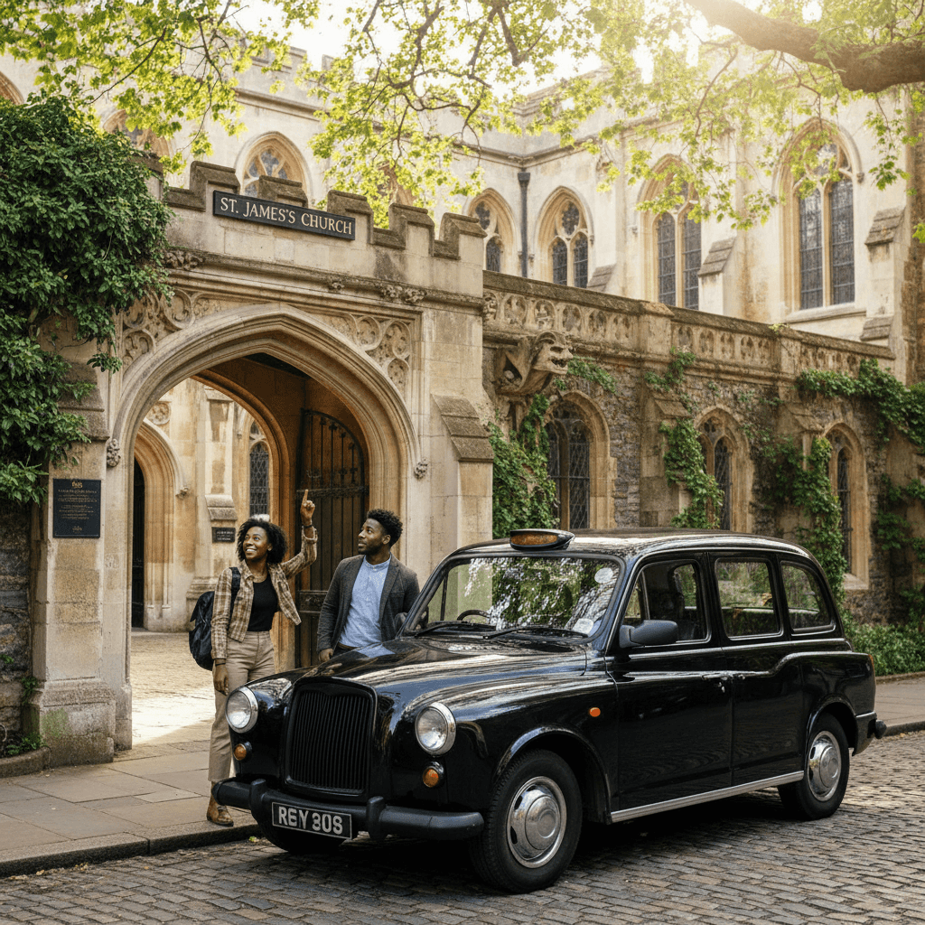 Hidden Gems & Quiet Corners - black cab at church courtyard
