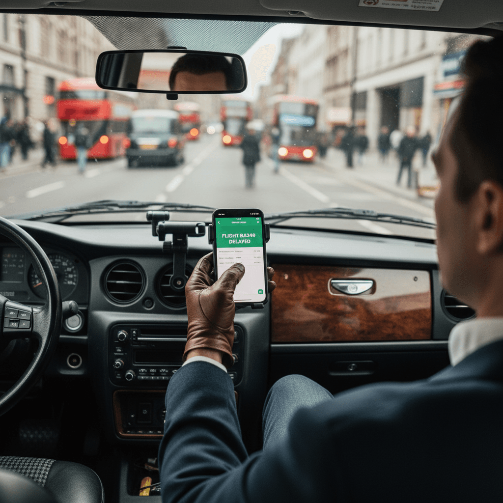 Driver checking flight status on a phone in the cab