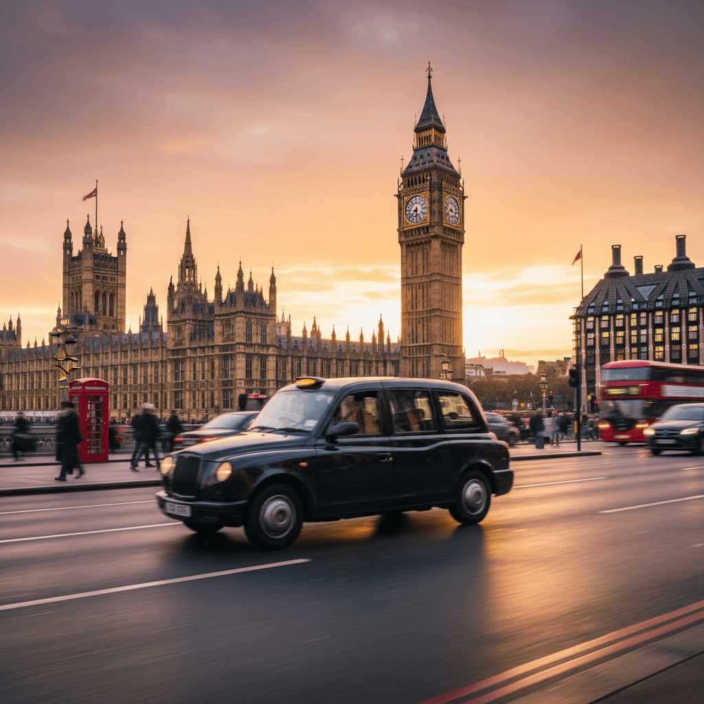 Black cab passing Big Ben in London