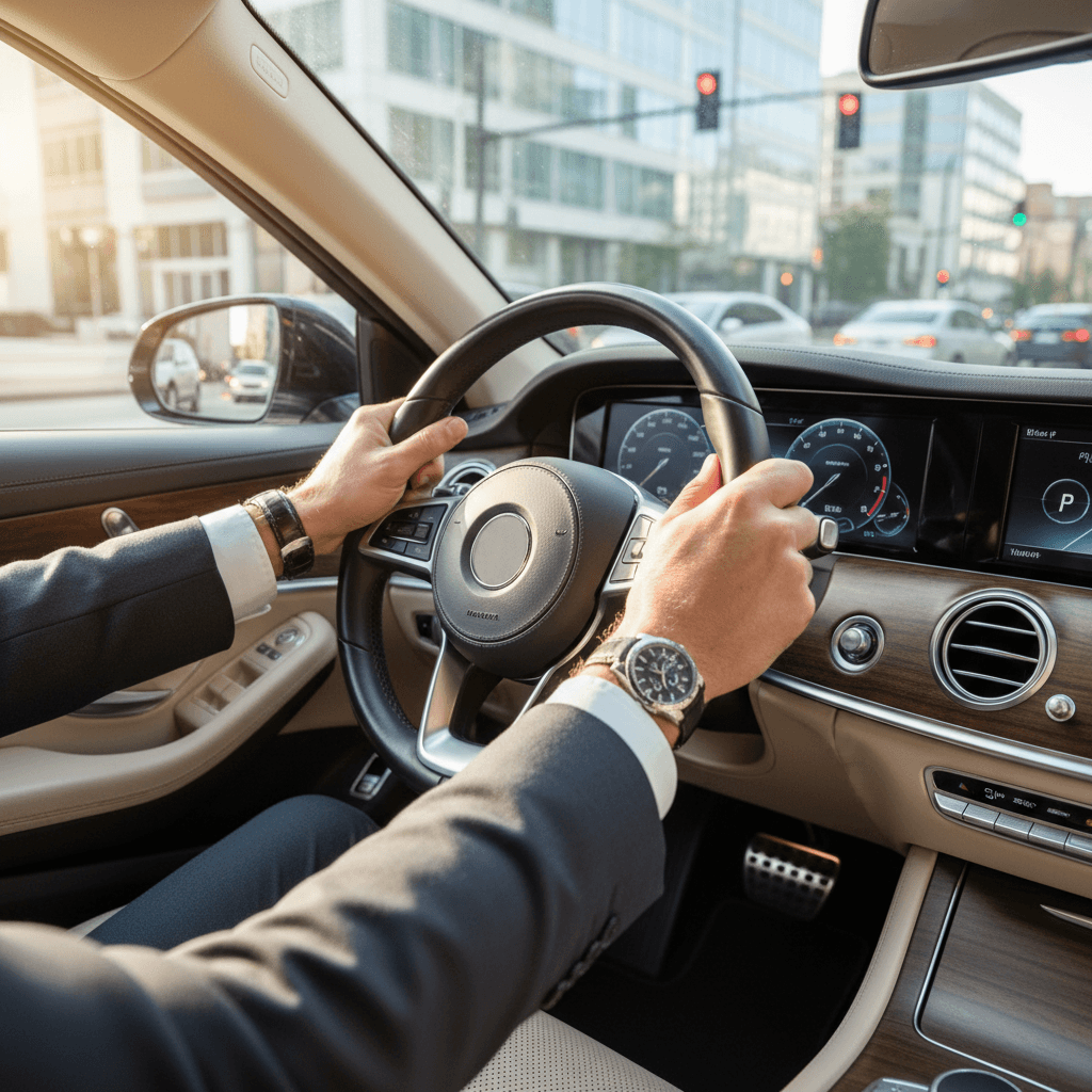 Experienced driver navigating London streets with confident focus