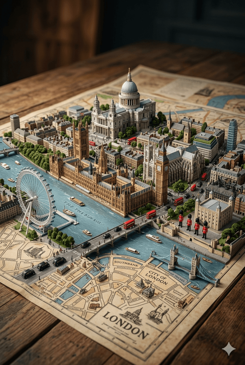 Detailed 3D miniature model of London landmarks and the River Thames on a vintage map.