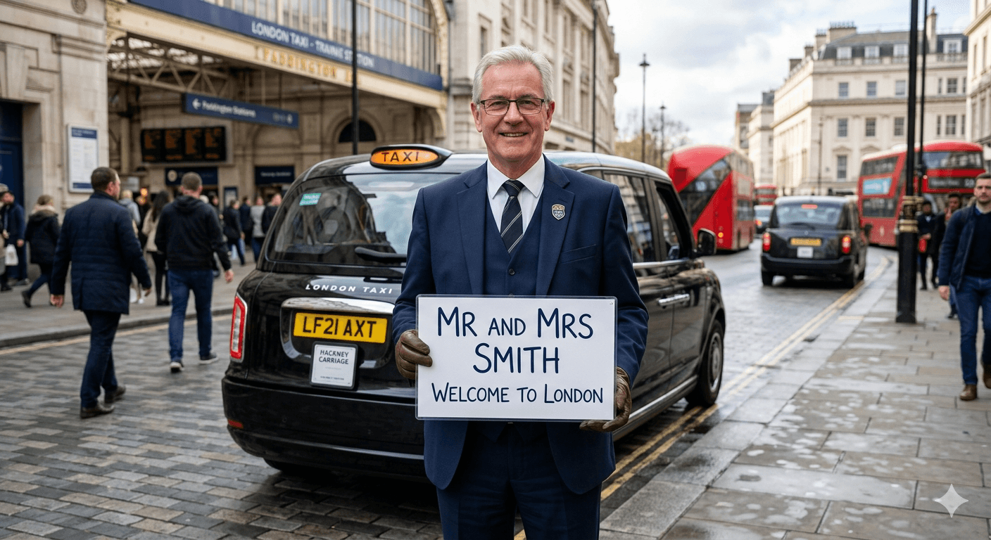 Chauffeur holding a welcome sign for Mr and Mrs Smith beside a black London taxi.