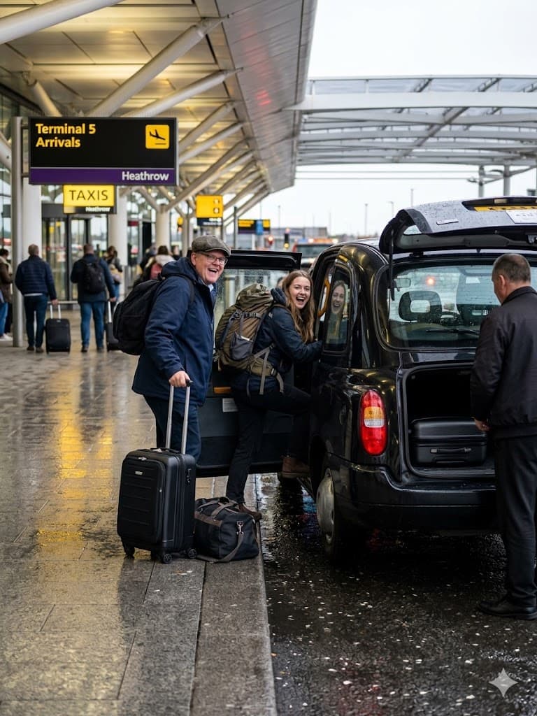 Smiling travelers with luggage board a black taxi at the Heathrow Terminal 5 arrivals area.