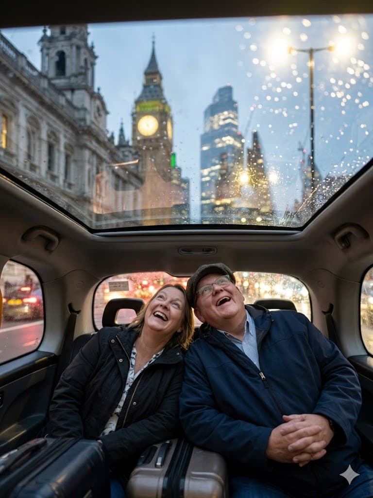 Smiling couple looking through a taxi's glass roof at Big Ben in rainy London.