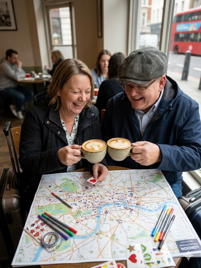 Smiling couple toasting with coffee cups over a London map while planning their trip.