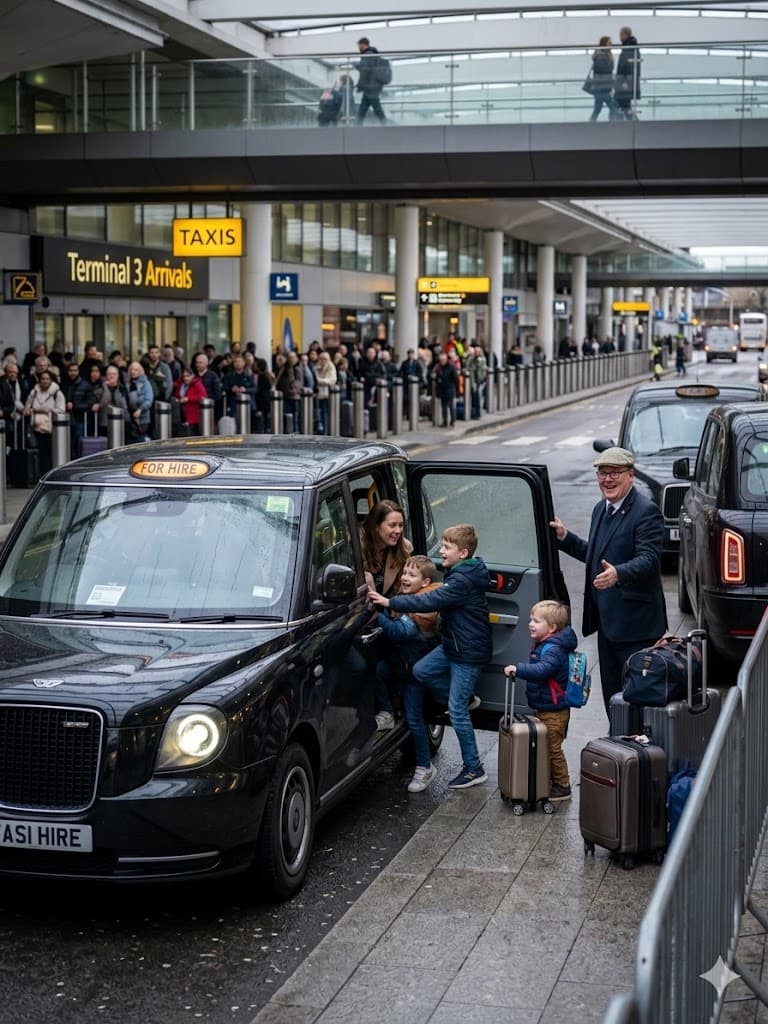 A family with children and luggage boards a black taxi outside Terminal 3 Arrivals.
