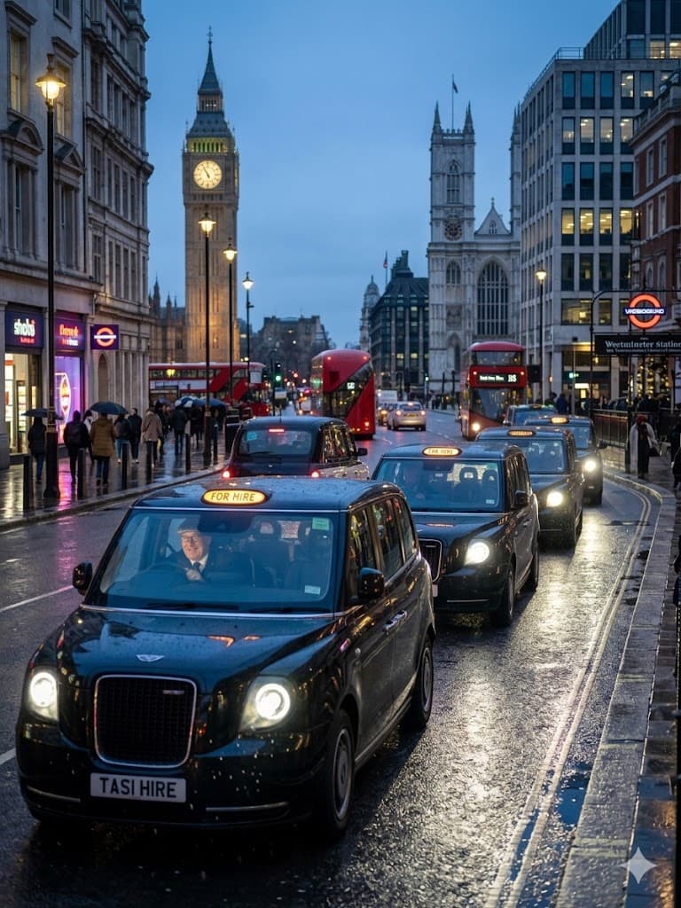 Black taxis on a wet London street at dusk with Big Ben in the background.